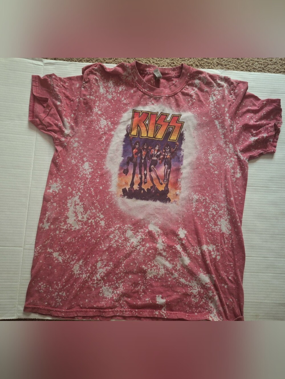 Kiss Womens Tee in Pink Bleach Effect with Band Graphic